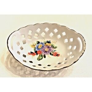 Reutter Germany Oval Porcelain Reticulated Trinket Dish Floral Design